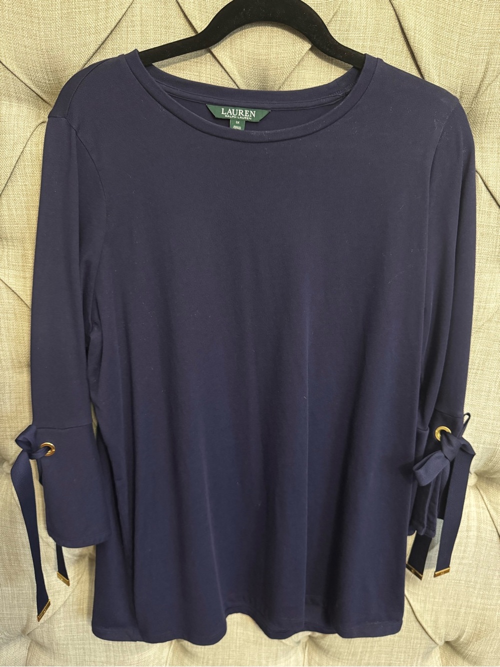 Ralph Lauren Navy Long-Sleeve Crewneck Top with Tie-Sleeve Detail